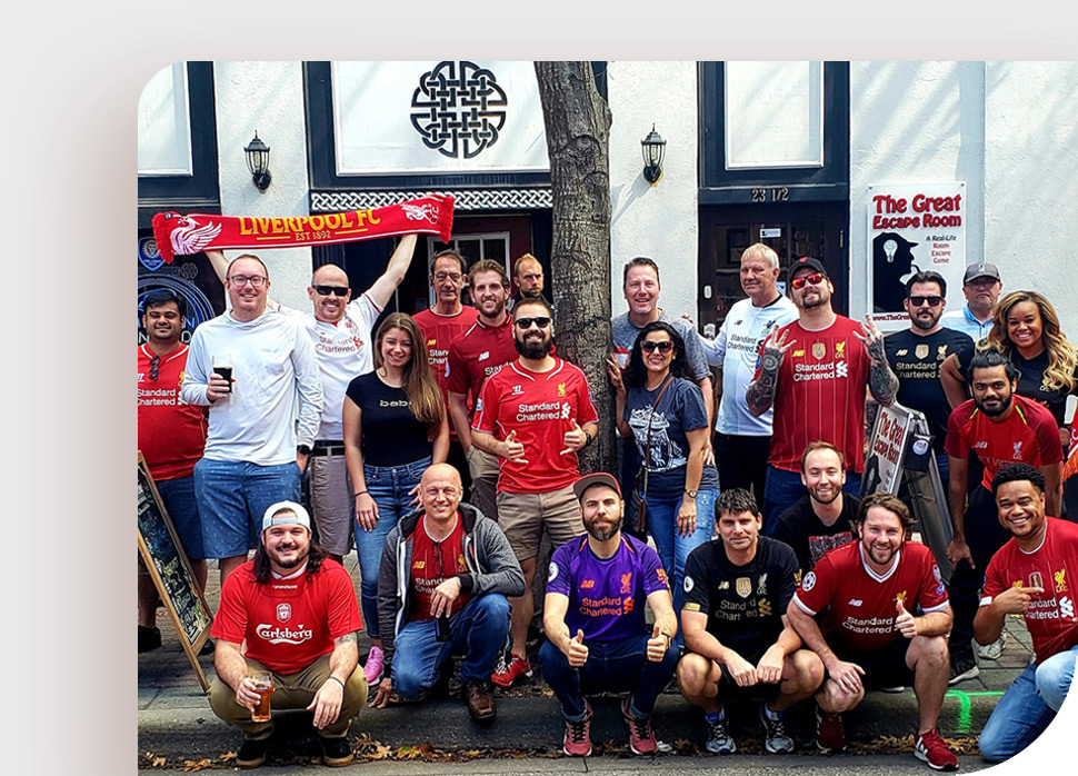 Liverpool supporters outside of Harp and Celt in downtown Orlando